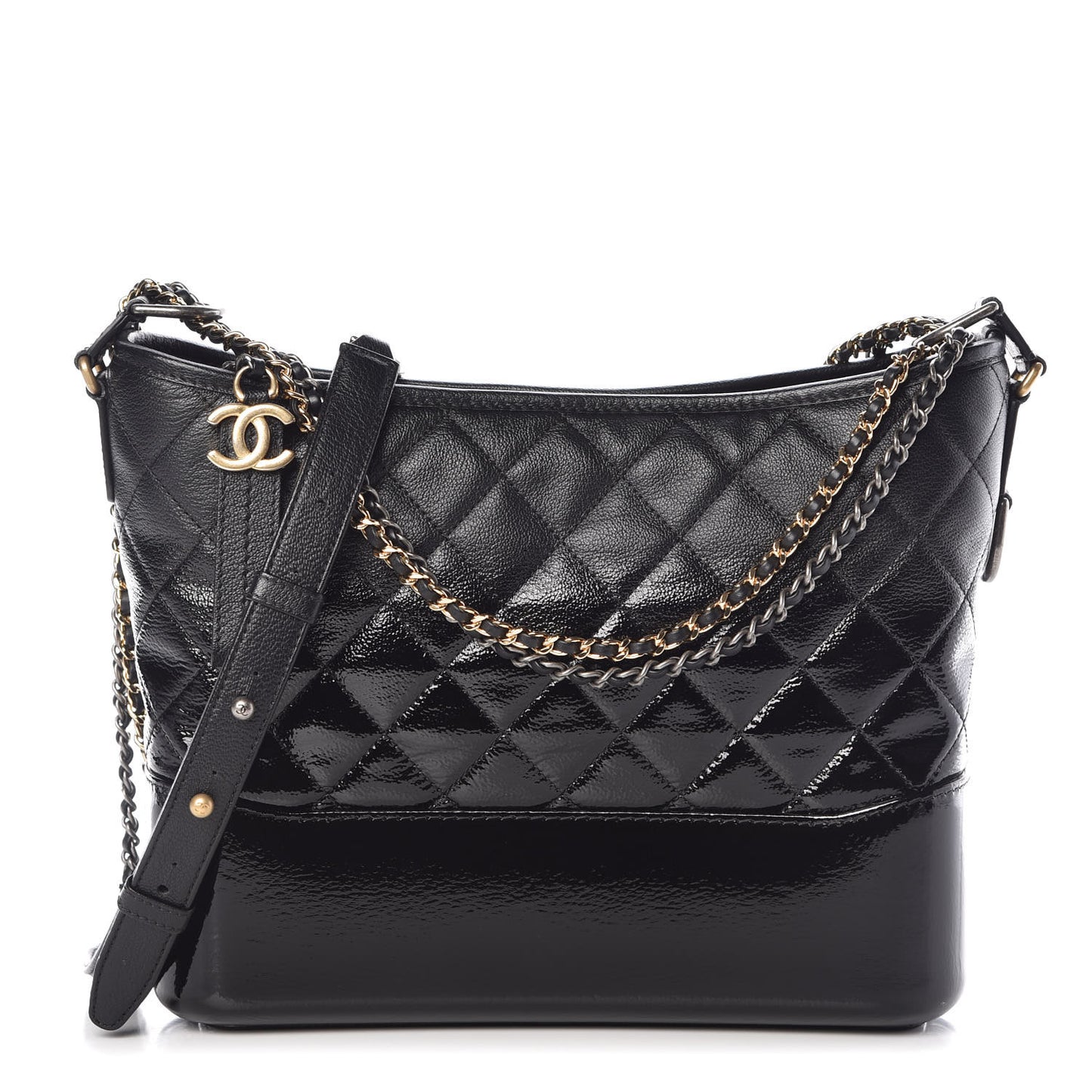 Patent Goatskin Quilted Medium Gabrielle Hobo Black