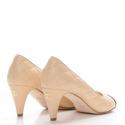 Chanel Lambskin Quilted Cap Toe Pumps 38.5 Beige Black 4 of 8