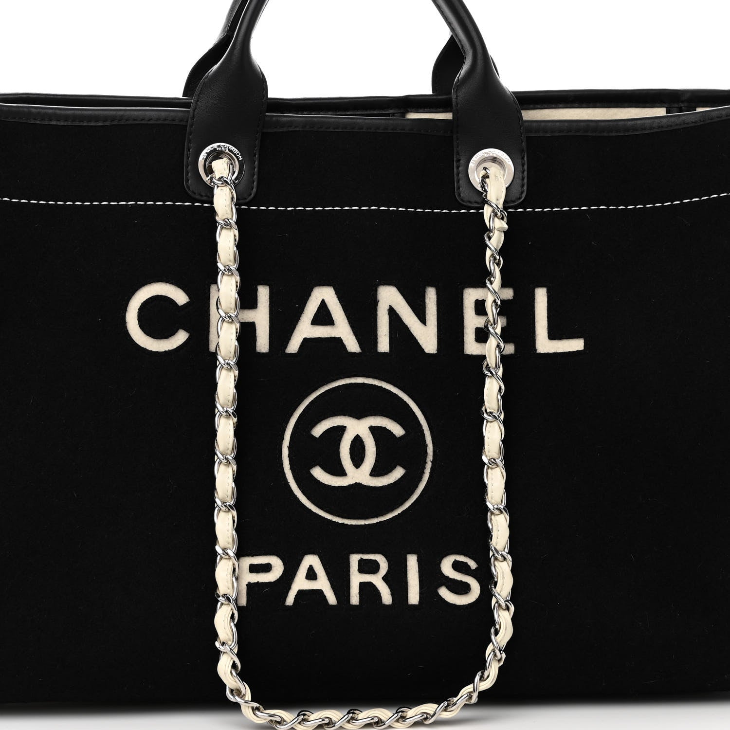 Chanel Wool Felt Calfskin Large Deauville Tote Black White 6 of 10