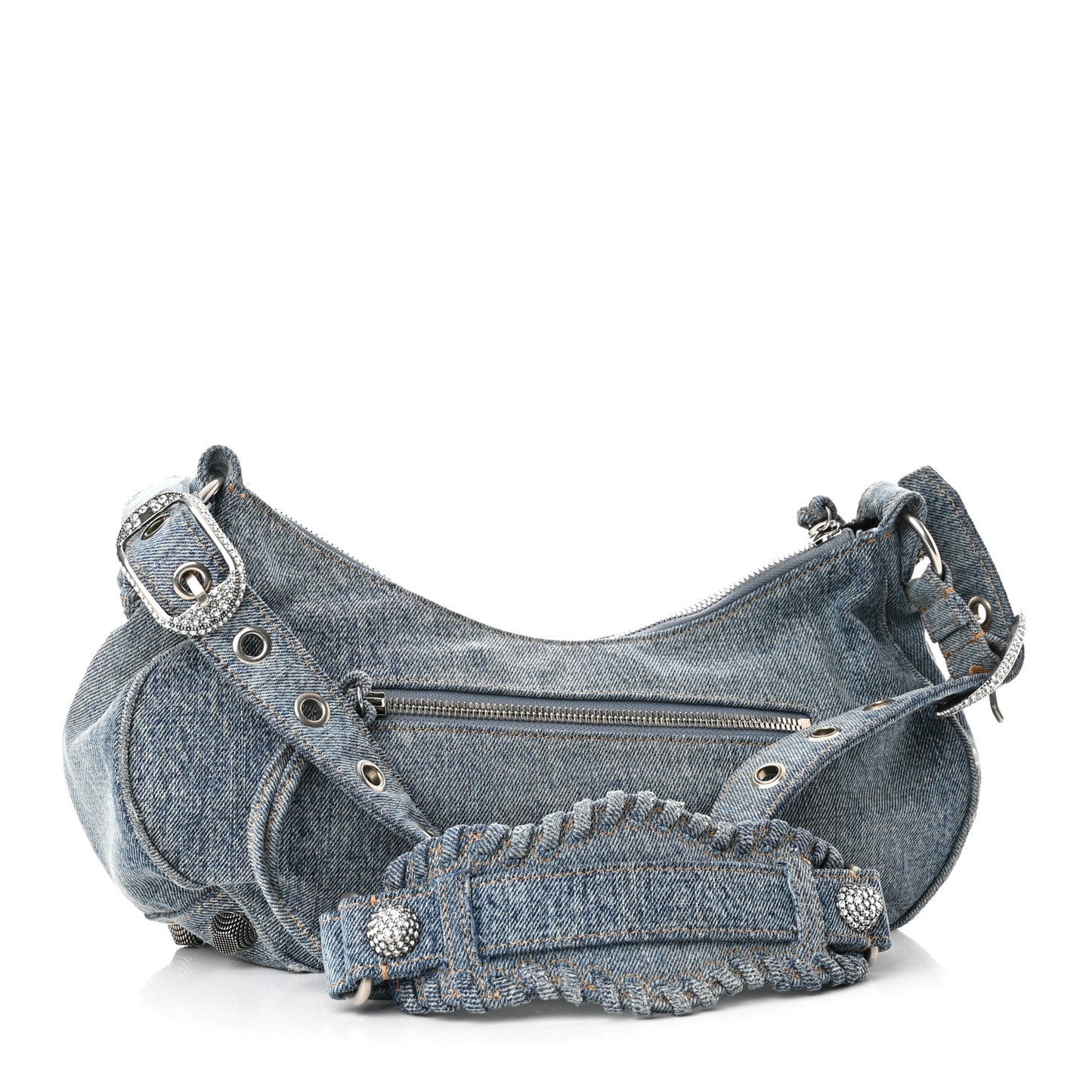 Washed Frayed Denim Crystal Small Le Cagole Shoulder Bag Blue
