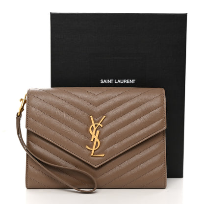 Saint Laurent Grain De Poudre Matelasse Chevron Monogram Cassandre Flap Pouch Taupe 8 of 8