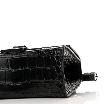 Balenciaga Calfskin Graffiti Logo Monochrome Crocodile Embossed Hourglass Top Handle Bag XS Black 9 of 14