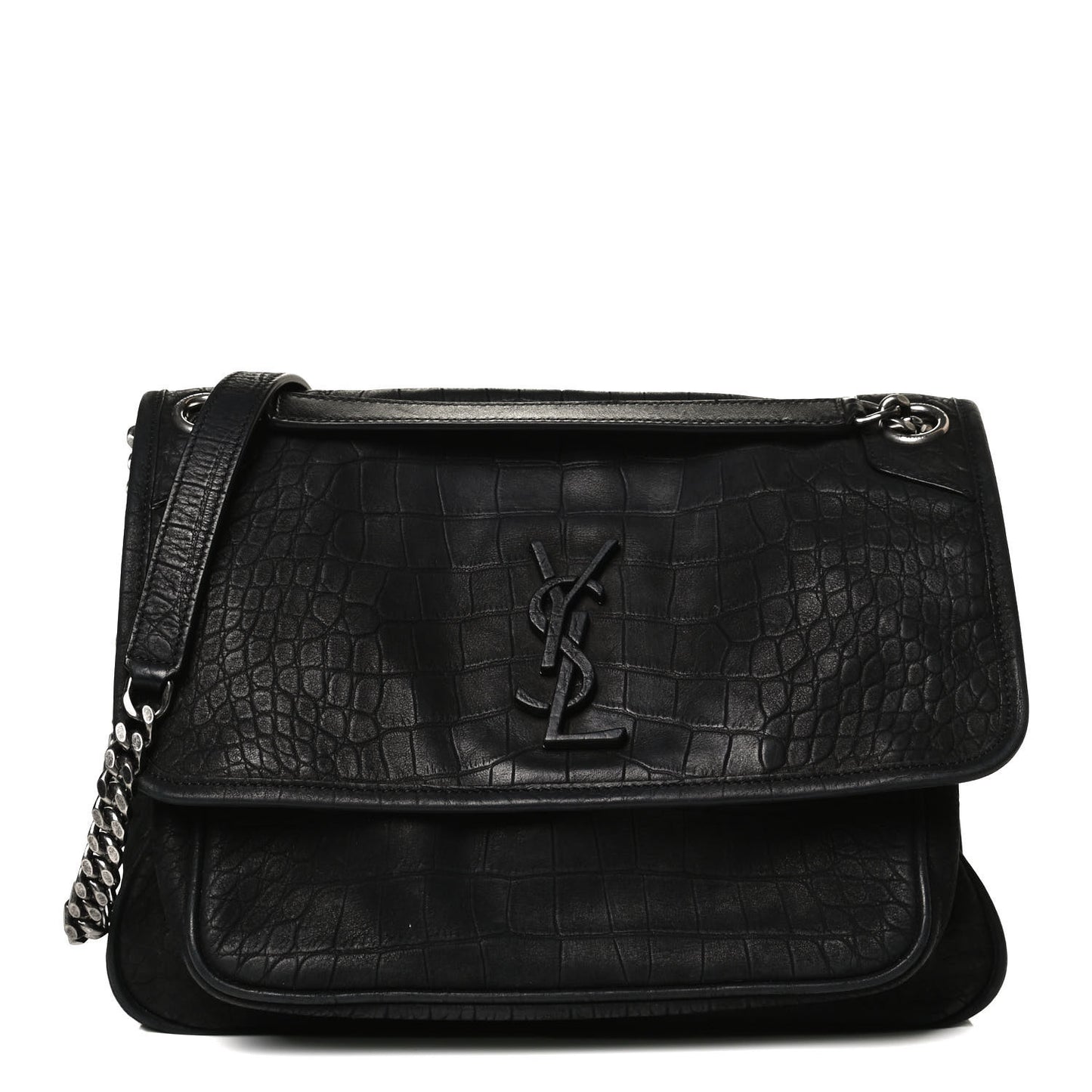 Nubuck Crocodile Embossed Monogram Medium Niki Chain Satchel Black
