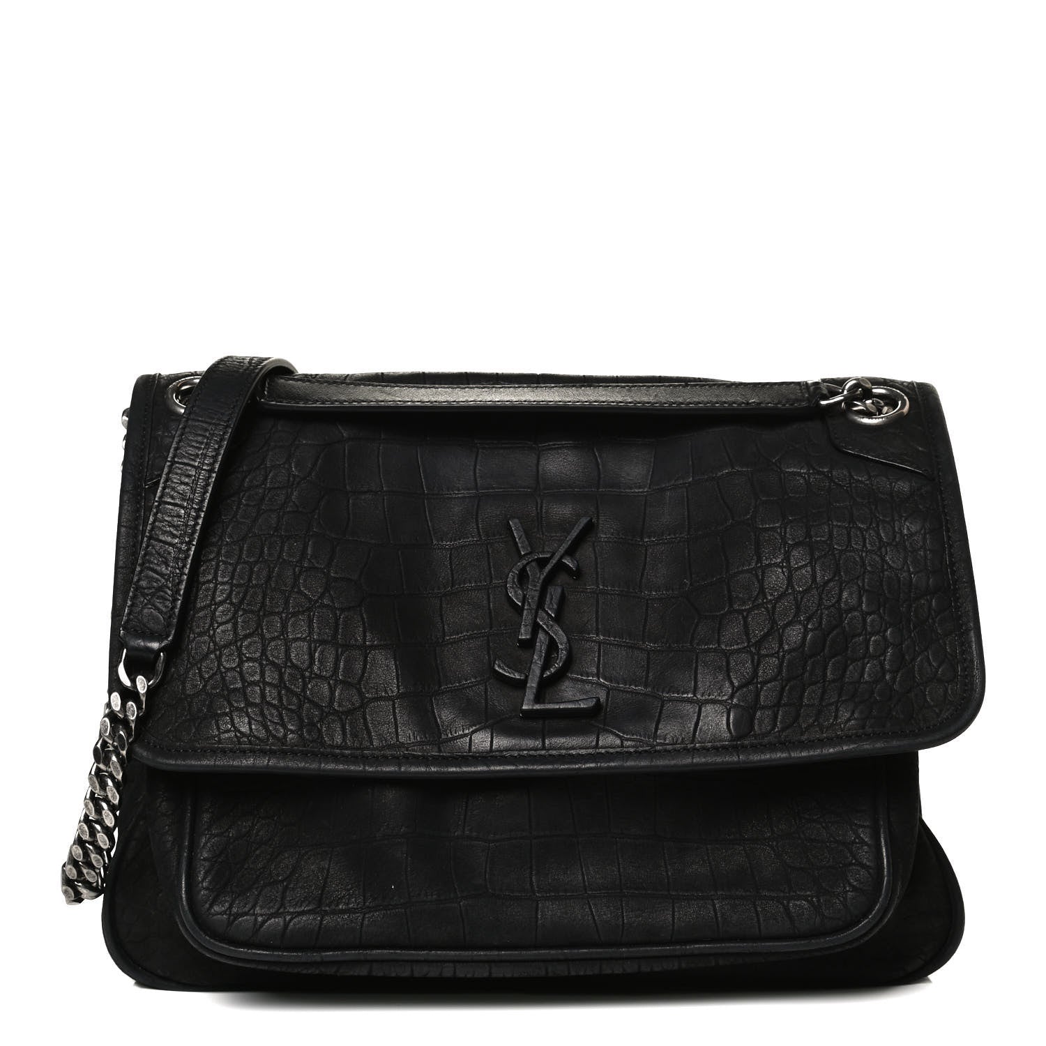 Saint Laurent Nubuck Crocodile Embossed Monogram Medium Niki Chain Satchel Black 1 of 10