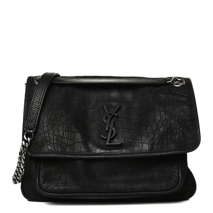 Saint Laurent Nubuck Crocodile Embossed Monogram Medium Niki Chain Satchel Black 1 of 10