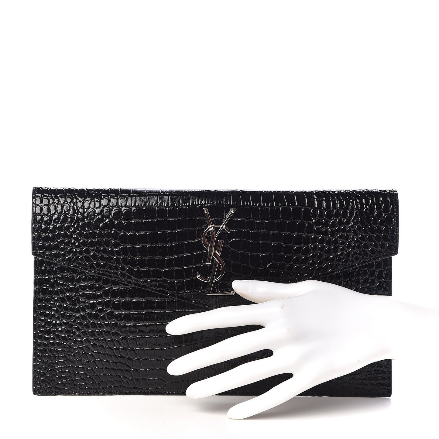 Calfskin Crocodile Embossed Uptown Monogram Clutch Black