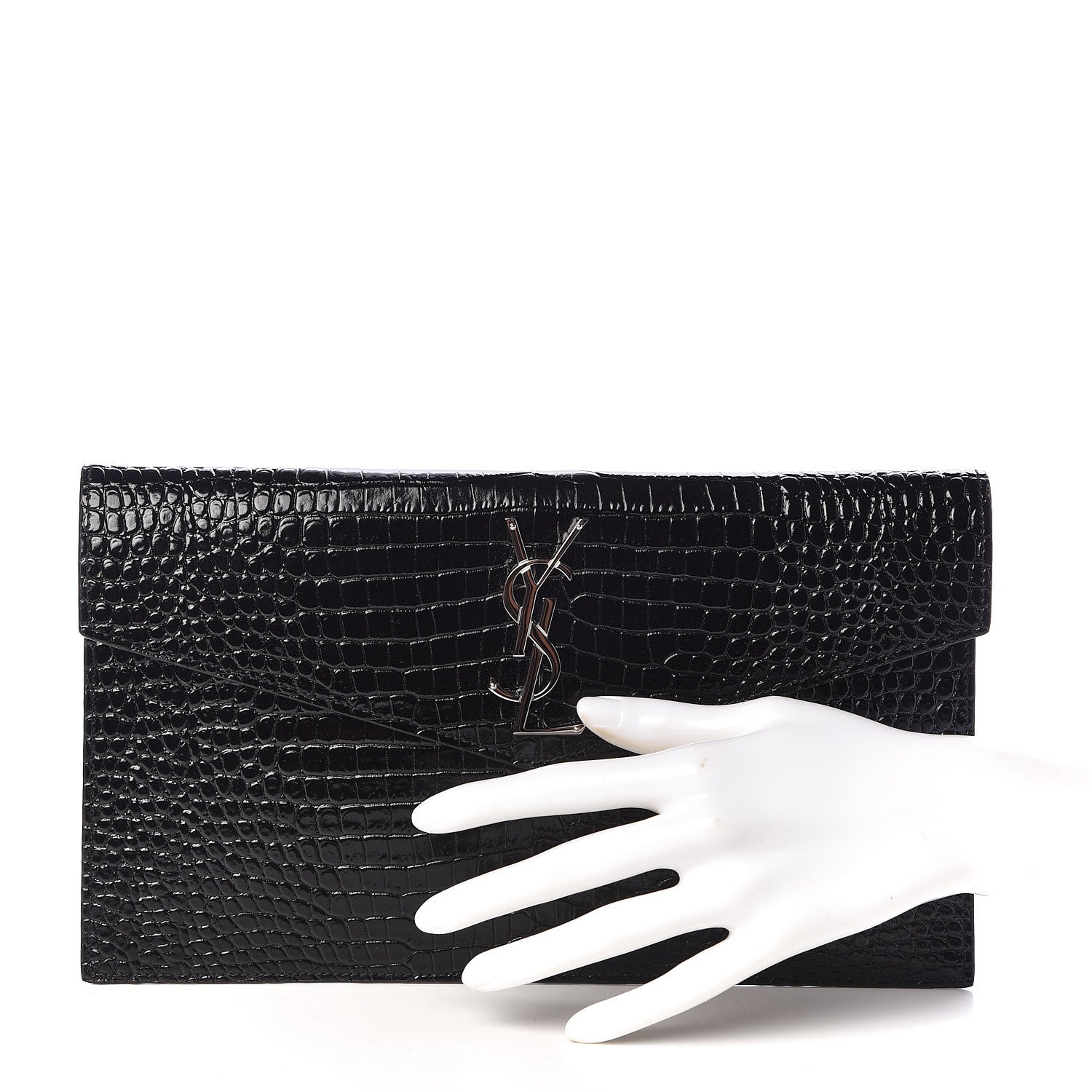 Saint Laurent Calfskin Crocodile Embossed Uptown Monogram Clutch Black 2 of 7