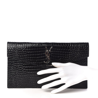 Saint Laurent Calfskin Crocodile Embossed Uptown Monogram Clutch Black 2 of 7