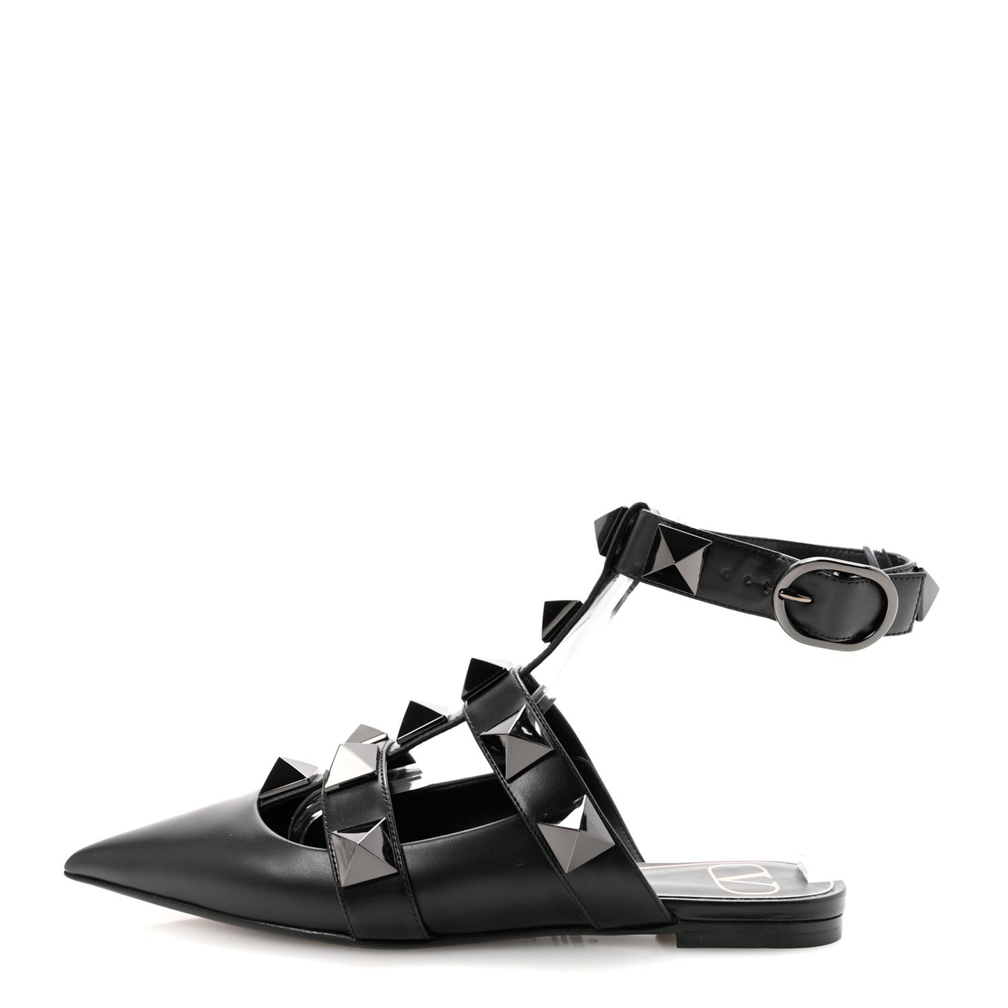 Calfskin Monochrome Roman Stud Ankle Strap Flat Mules 35 Black