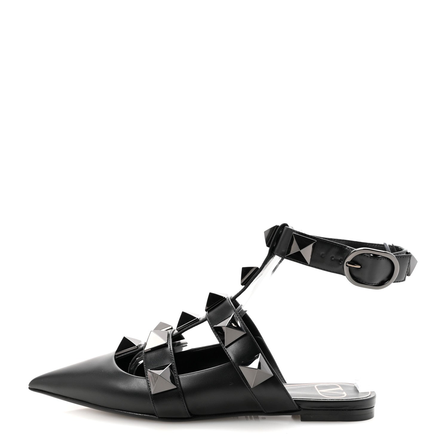 Valentino Garavani Calfskin Monochrome Roman Stud Ankle Strap Flat Mules 35 Black 1 of 9