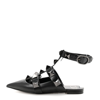 Valentino Garavani Calfskin Monochrome Roman Stud Ankle Strap Flat Mules 35 Black 1 of 9