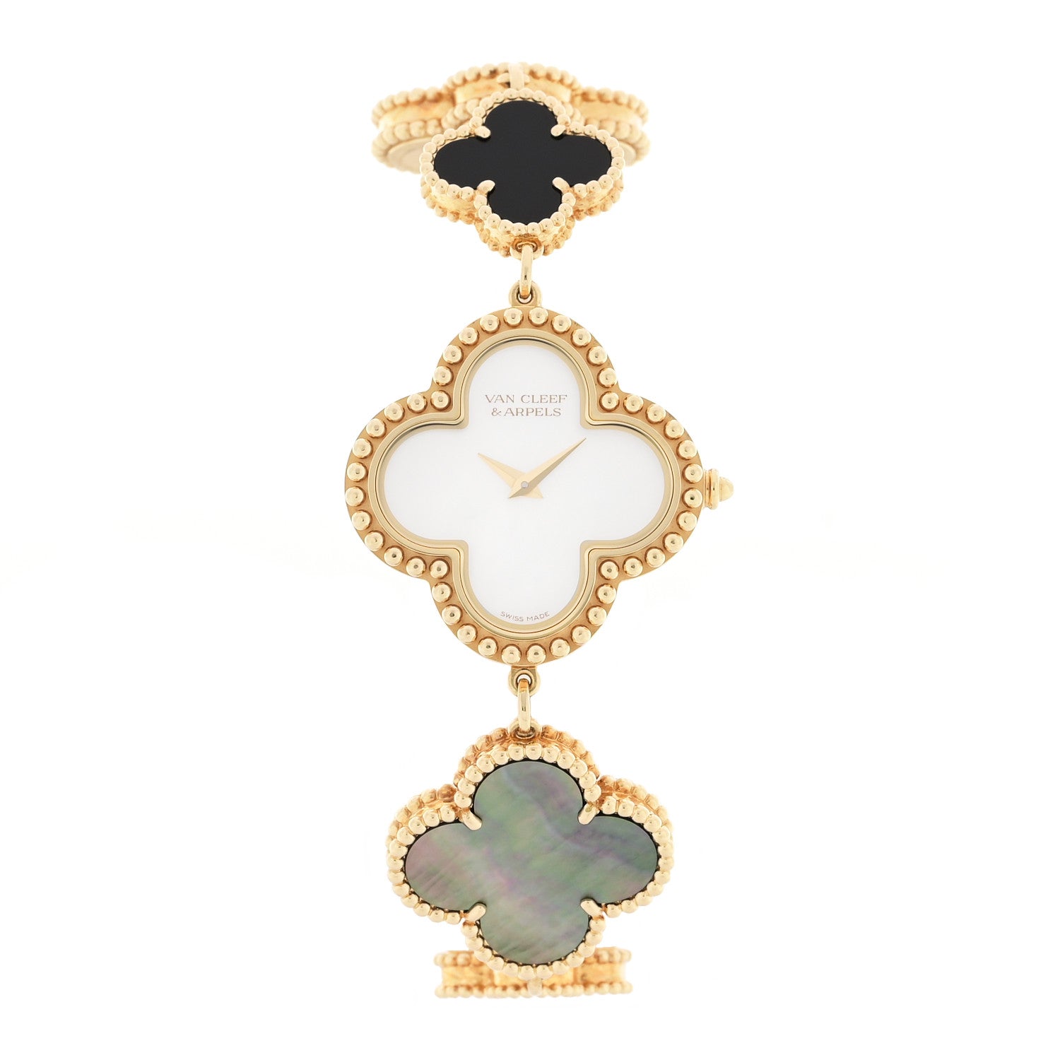 Van Cleef & Arpels 18K Yellow Gold Mother of Pearl Black Onyx 26mm Alhambra Quartz Watch 1 of 5