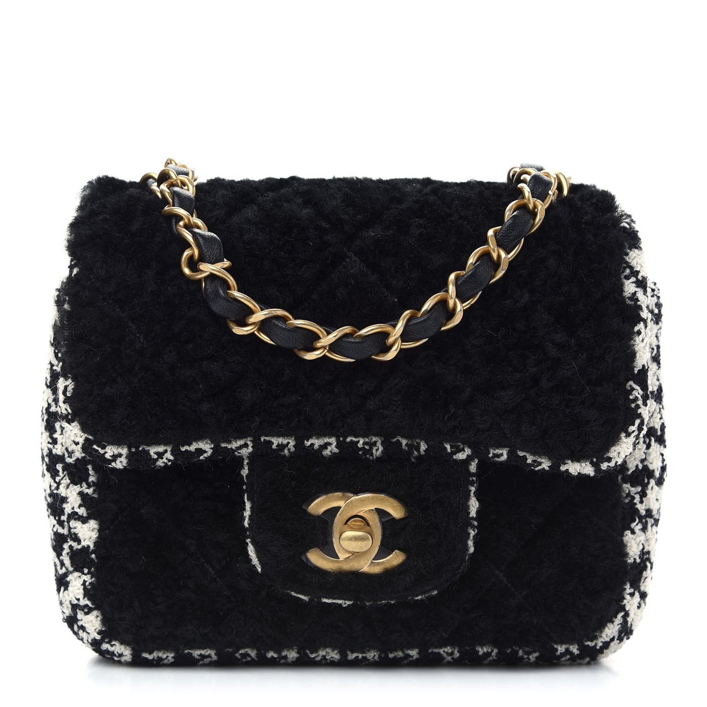 Shearling Tweed Quilted Mini Square Flap Bag Black White