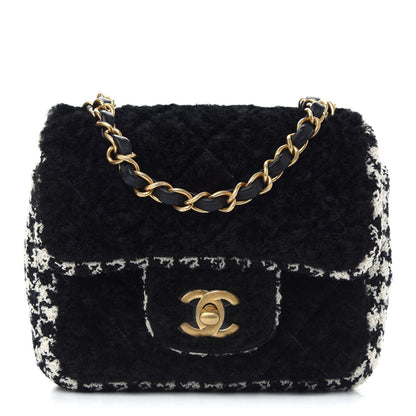 Chanel Shearling Tweed Quilted Mini Square Flap Bag Black White 1 of 9