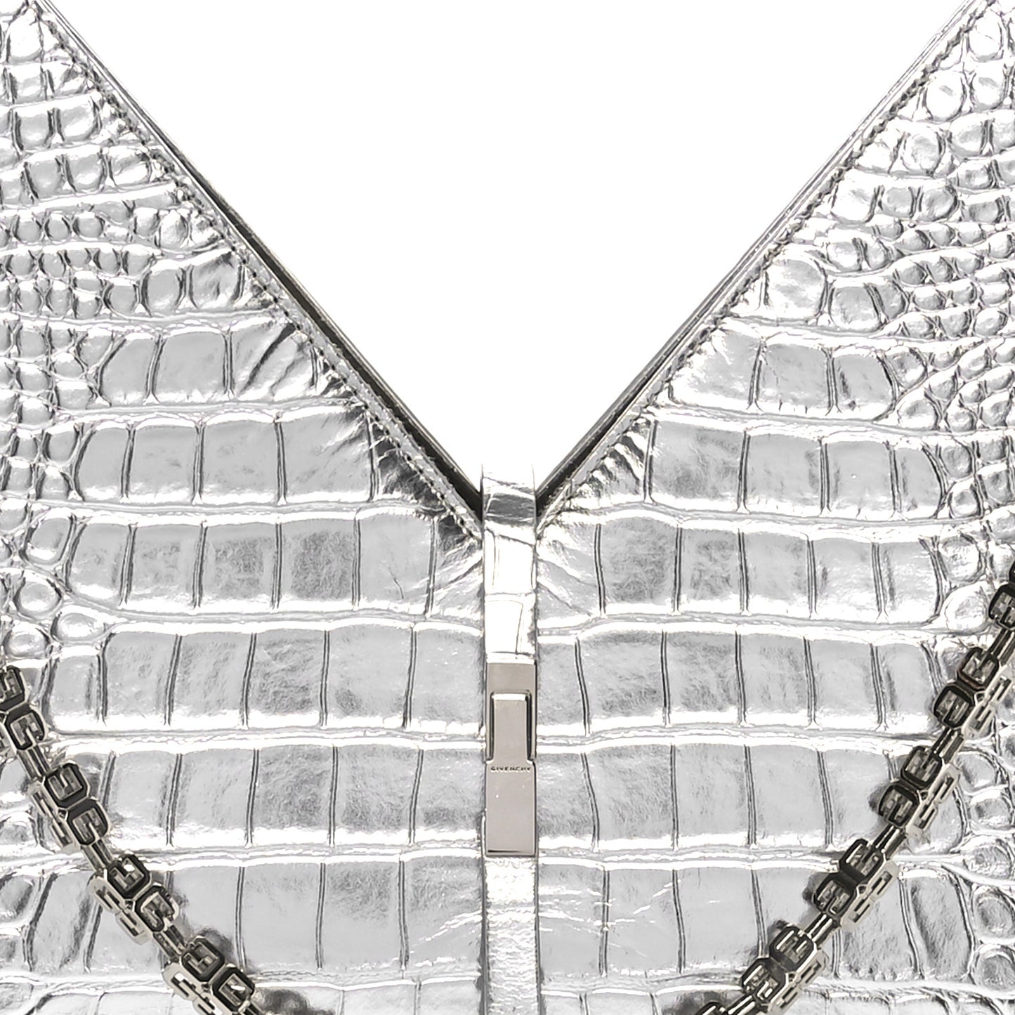 Metallic Calfskin Croc Embossed Small Cut Out Shoulder Bag Silver