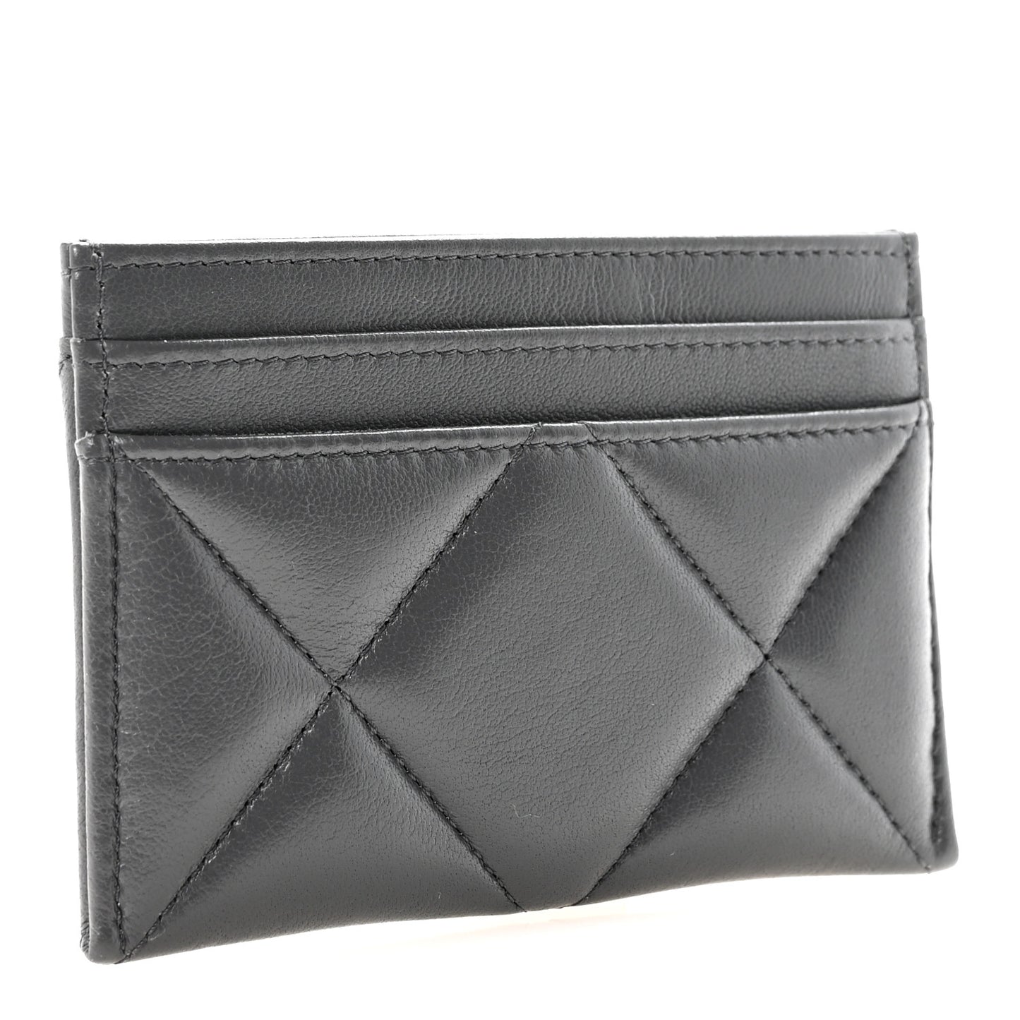 Shiny Goatskin Quilted Chanel 19 Card Holder Dark Grey