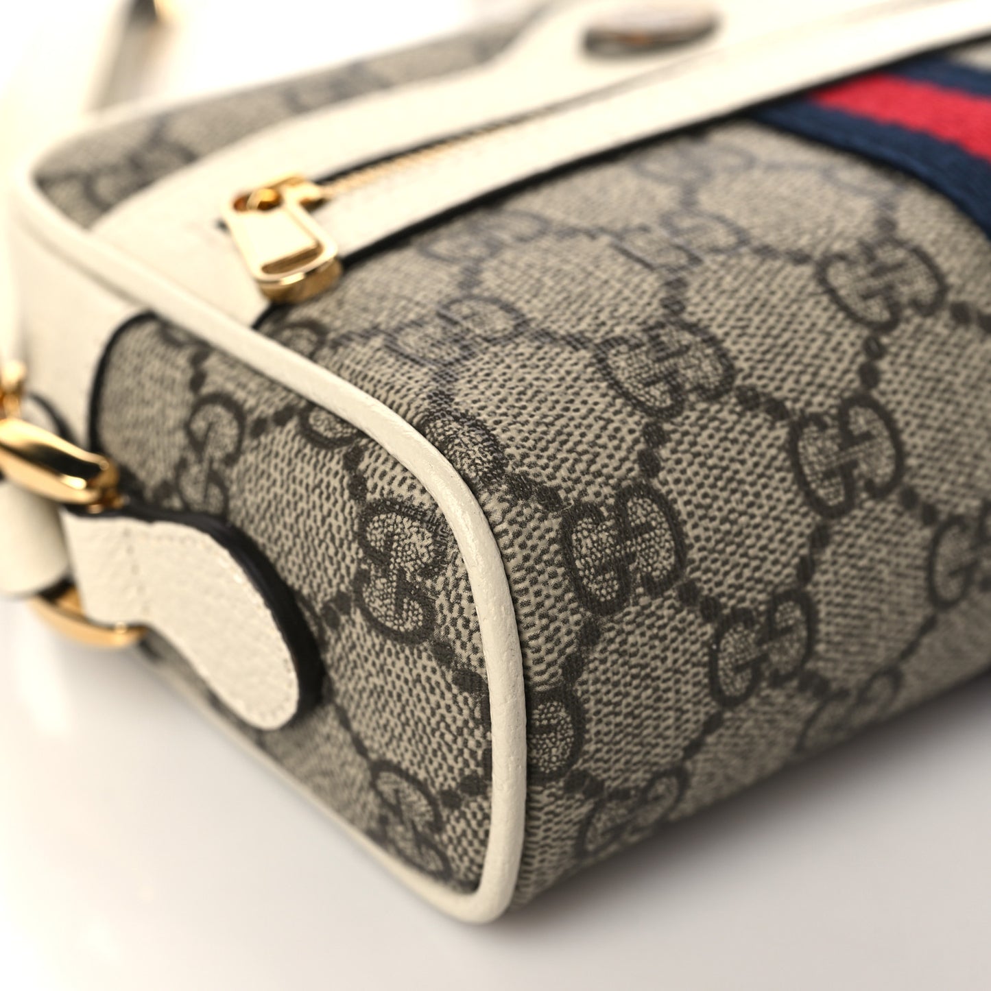 GG Supreme Monogram Textured Calfskin Web Mini Ophidia Shoulder Bag Beige Ebony Mystic White