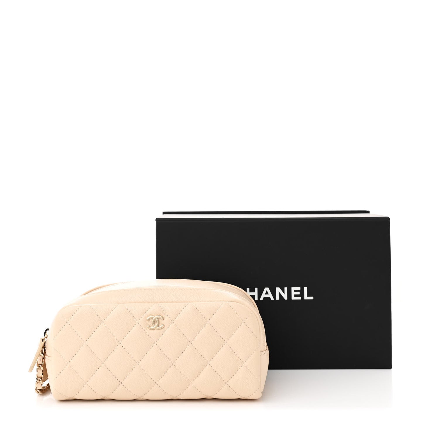 Caviar Quilted Toiletry Case With Chain Light Beige