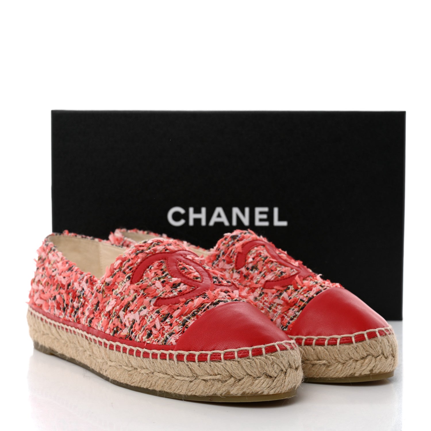 Chanel Tweed Lambskin CC Espadrilles 39 Coral Pink Black Red 9 of 9