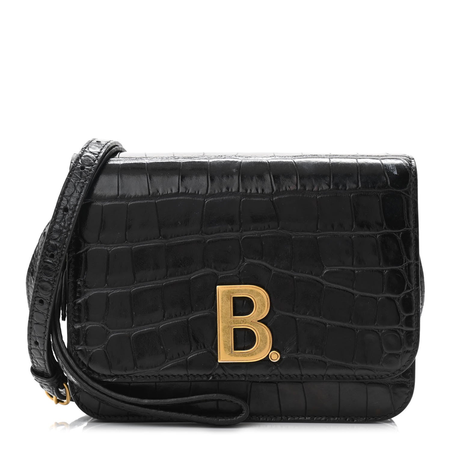 Balenciaga Shiny Calfskin Crocodile Embossed Small B Bag Black 1 of 12