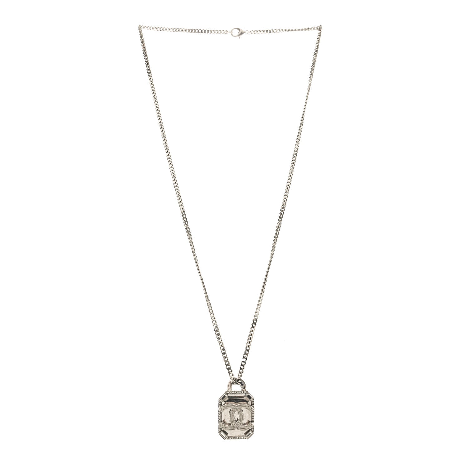 Chanel Crystal Baguette CC Mirror Pendant Necklace Silver 3 of 4