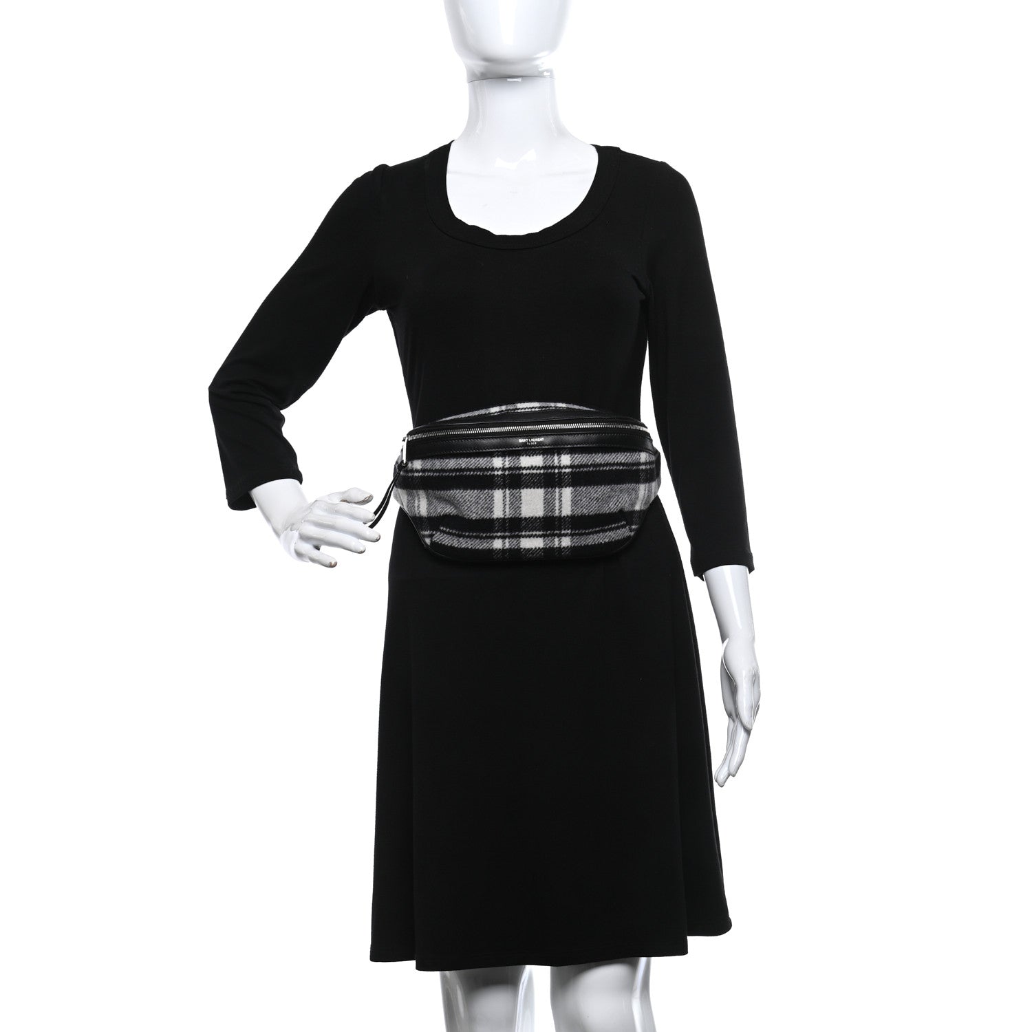 Saint Laurent Wool Tartan Belt Bag Black White 2 of 9