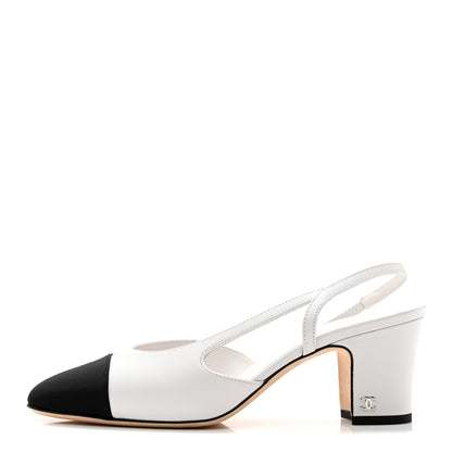 Chanel Calfskin Cap Toe CC Slingback Pumps 38 Black White 1 of 10