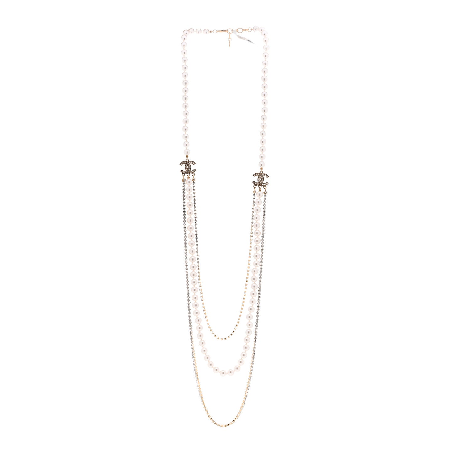 Pearl Crystal Multi Strand CC Long Necklace Gold