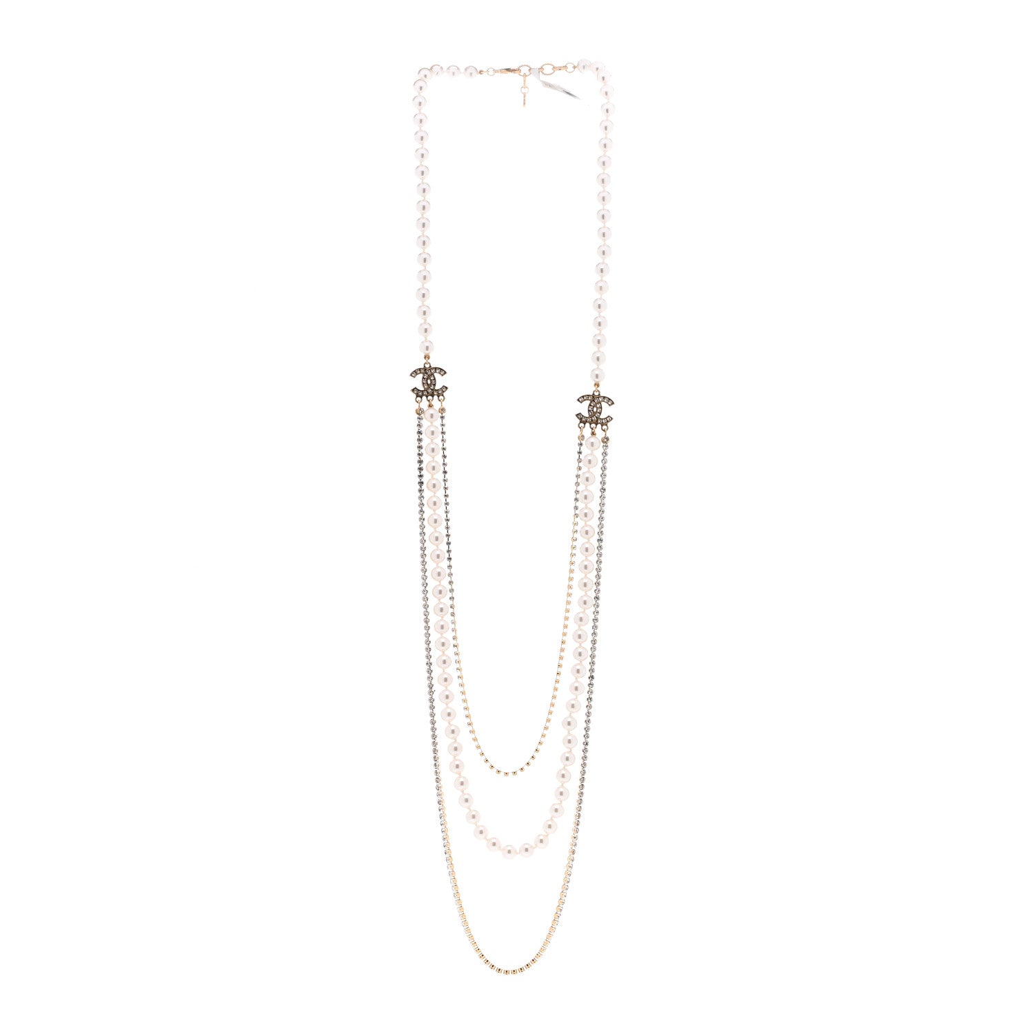Chanel Pearl Crystal Multi Strand CC Long Necklace Gold 3 of 4