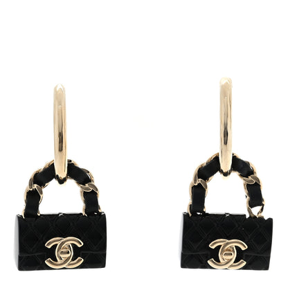 Chanel Metal Resin Lambskin Quilted CC Turnlock Chain Bag Hoop Earrings Black Gold 1 of 5