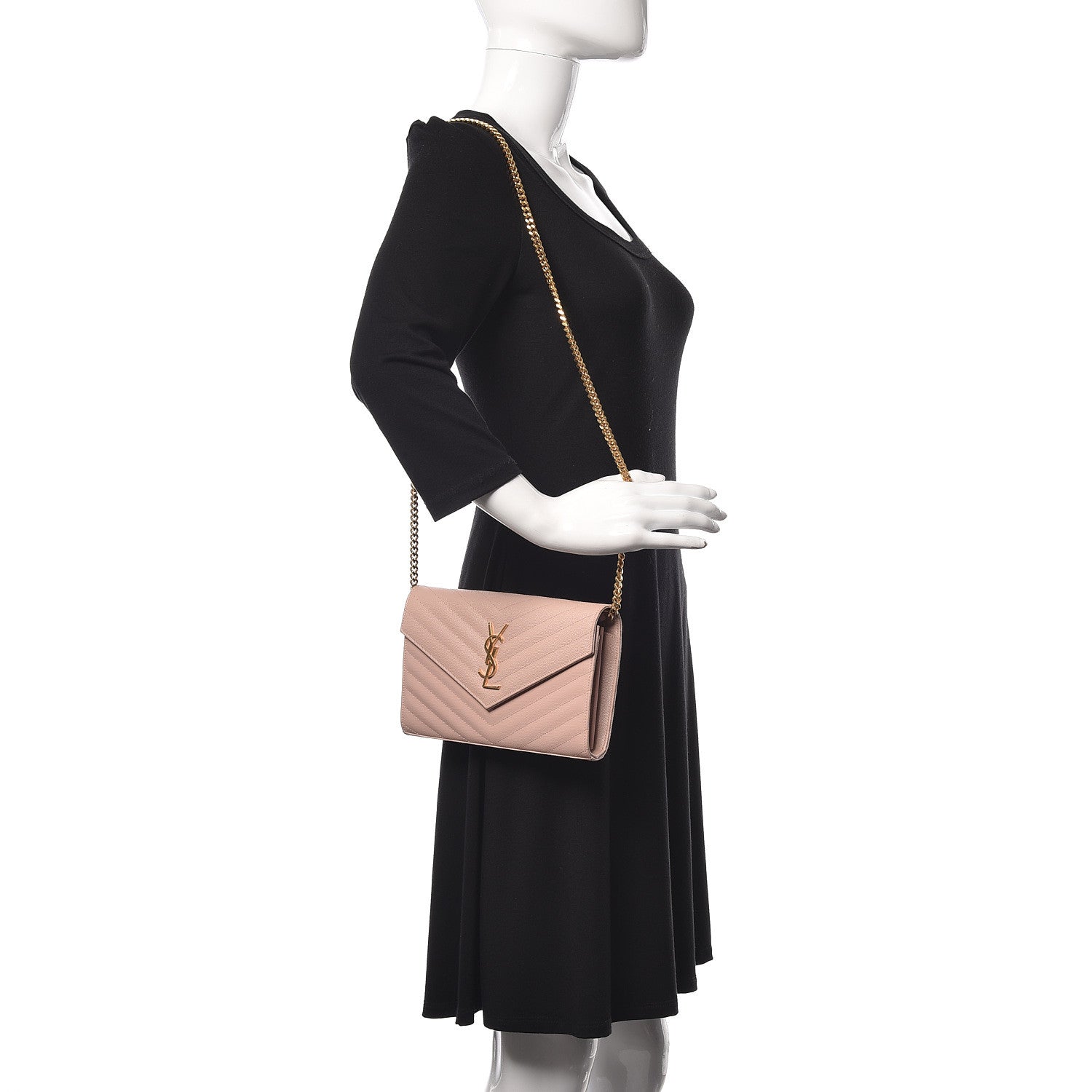 Saint Laurent Grain De Poudre Matelasse Chevron Monogram Chain Wallet Pale Blush 2 of 12