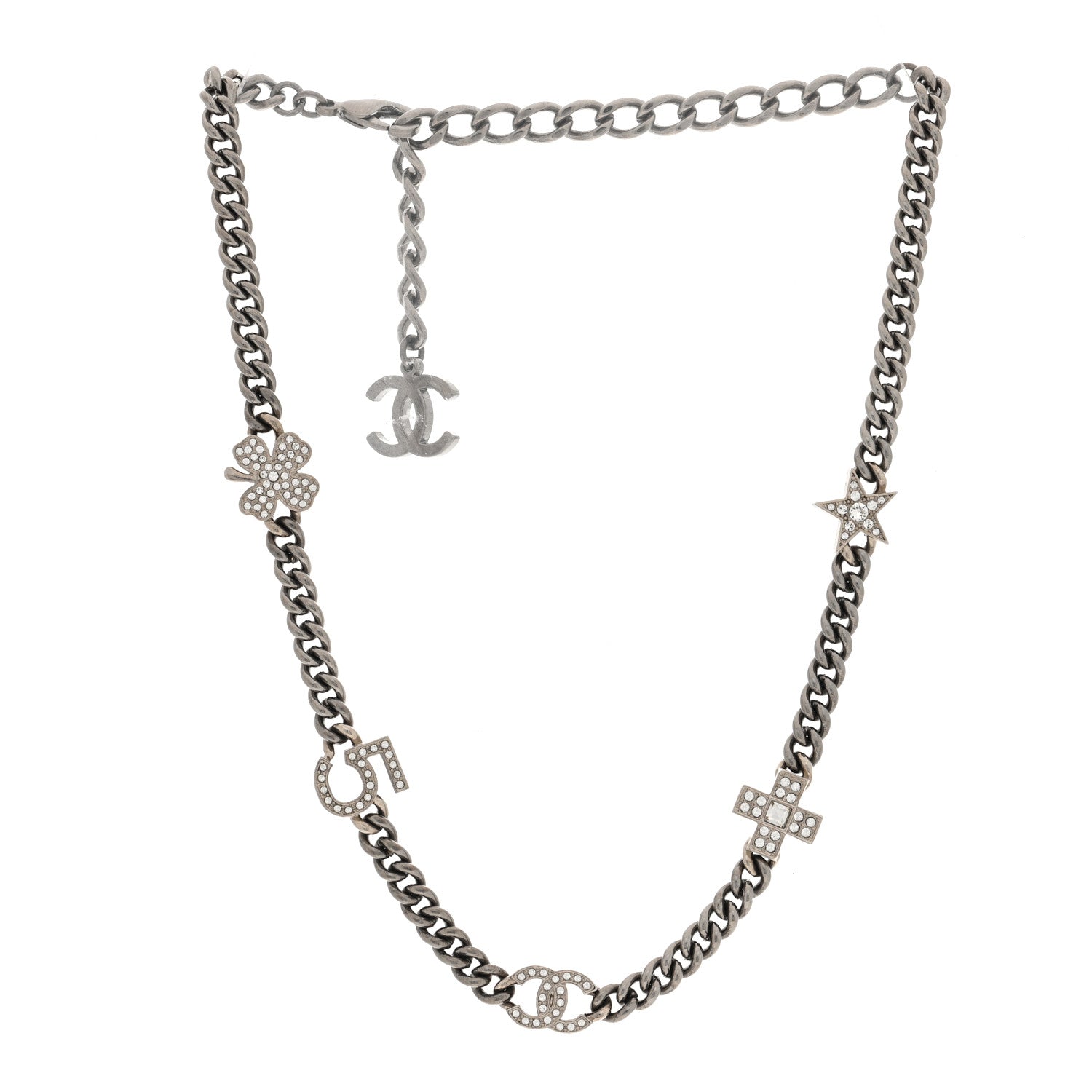 Chanel Ruthenium Crystal Chain CC Lucky Charms Choker Silver 3 of 5