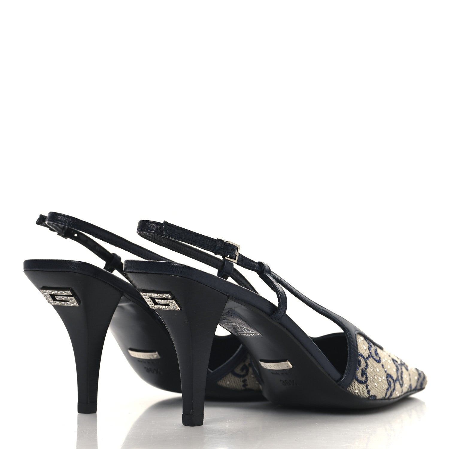 Gucci GG Monogram Malaga Kid Crystal Square G 75mm Slingback Pumps 36.5 Beige Blue 5 of 9