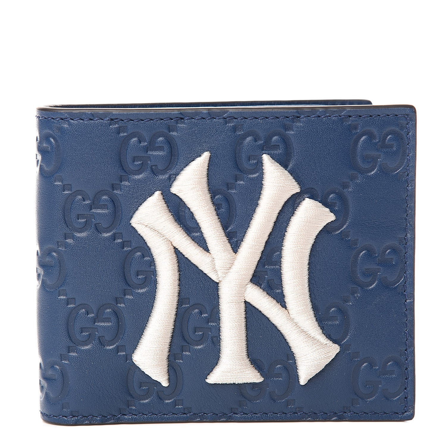 Gucci X MLB Guccissima Signature NY Yankees Embroidered Bi-Fold Wallet Royale Ivory 1 of 8