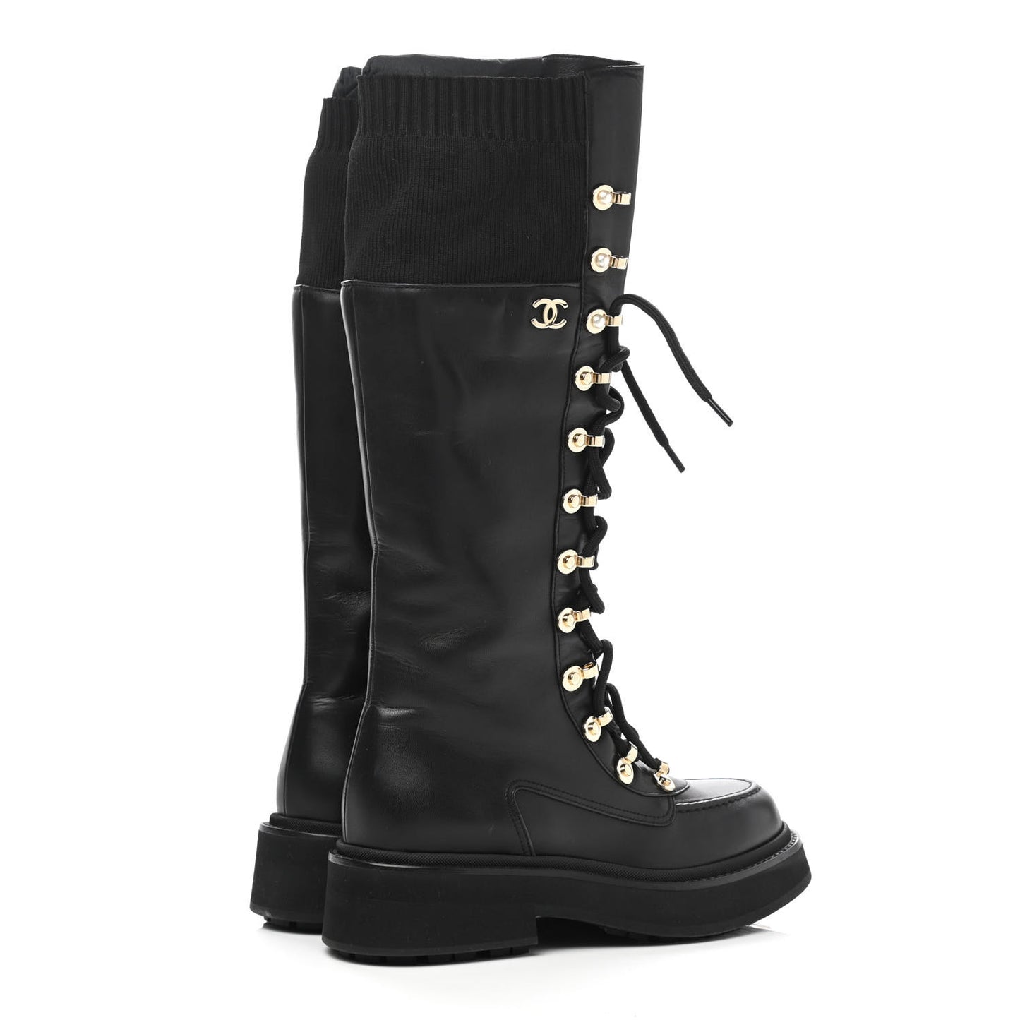 Calfskin Knit Lace Up Combat Boots 36 Black