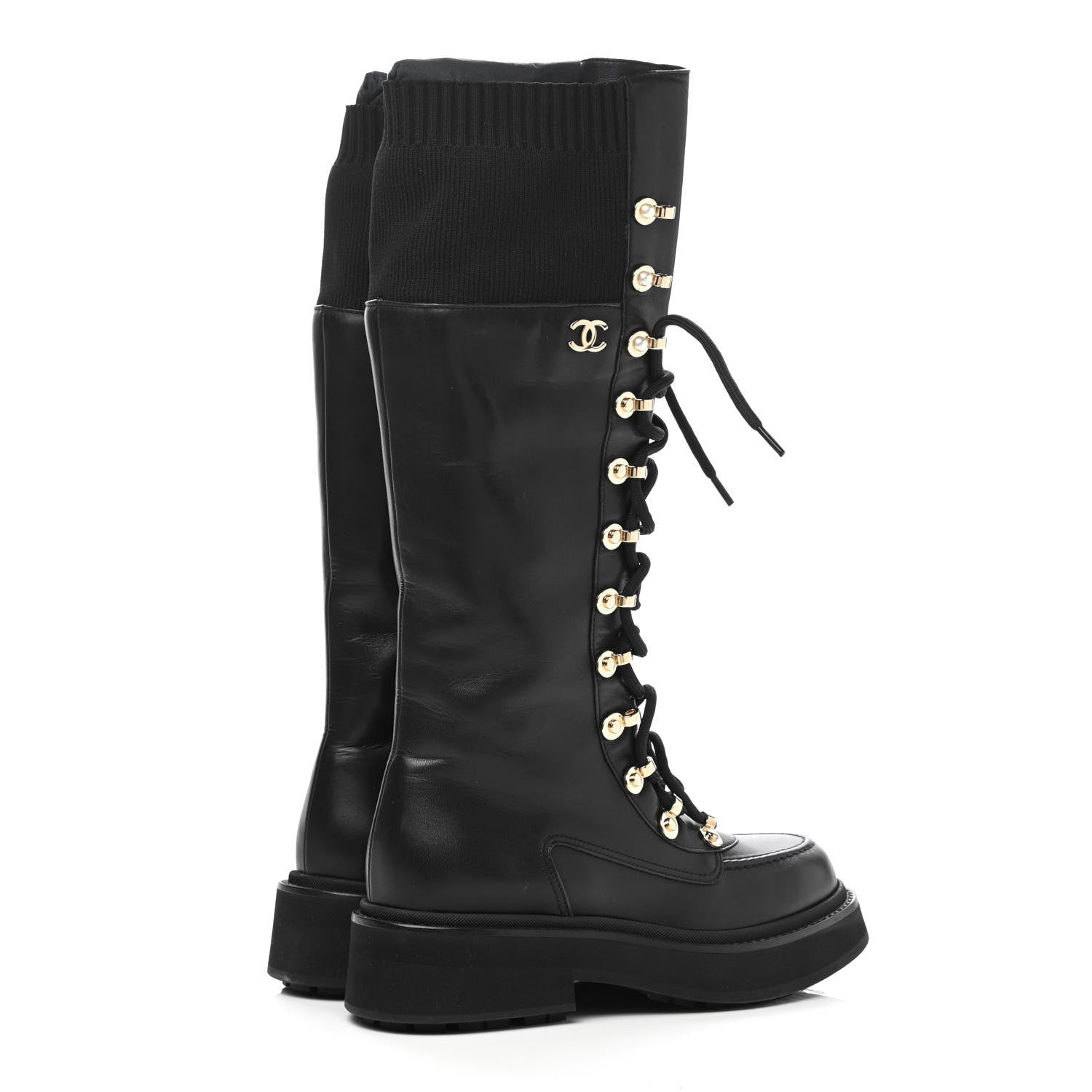 Chanel Calfskin Knit Lace Up Combat Boots 36 Black 4 of 7