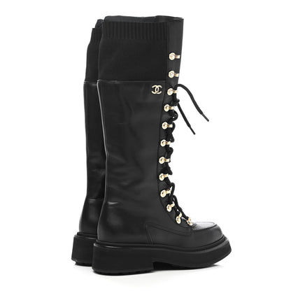 Chanel Calfskin Knit Lace Up Combat Boots 36 Black 4 of 7