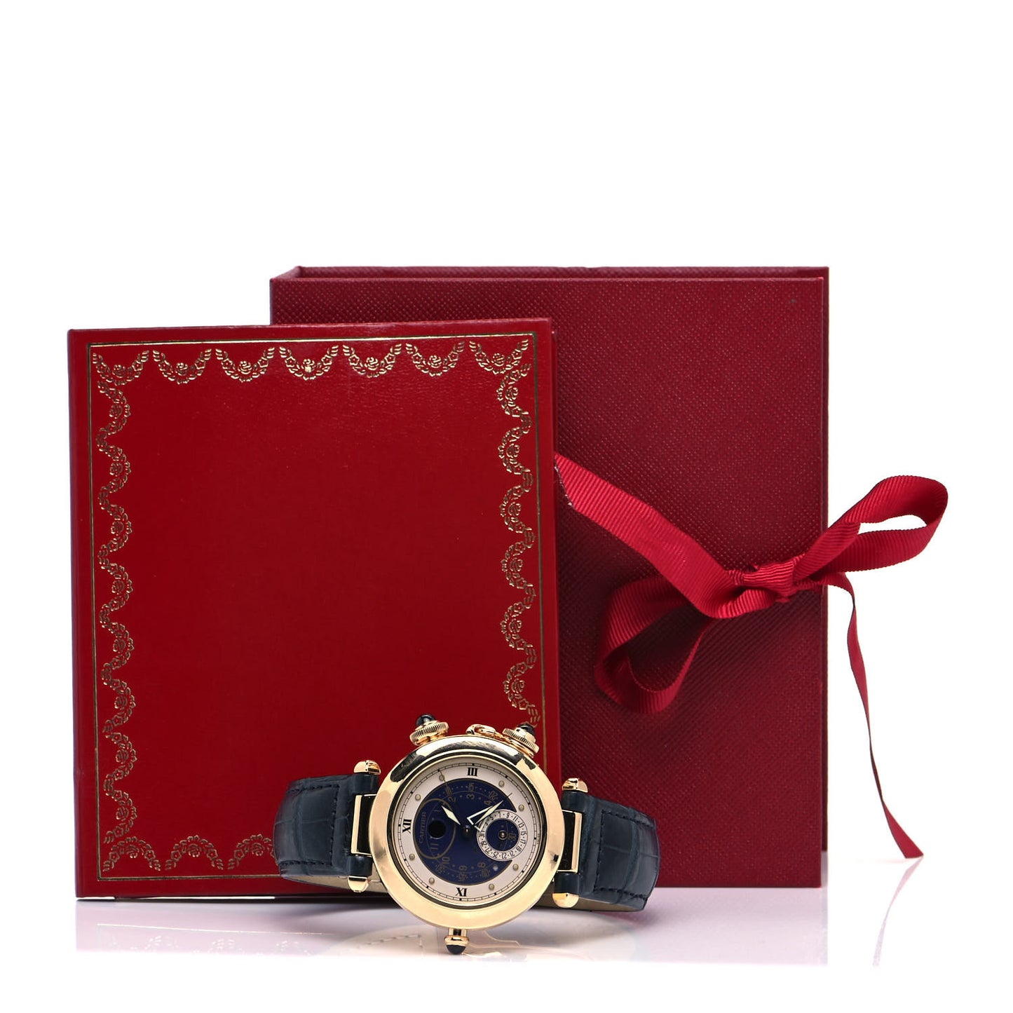 18K Yellow Gold Alligator 38mm Pasha C Moonphase Alarm Quartz Watch Blue