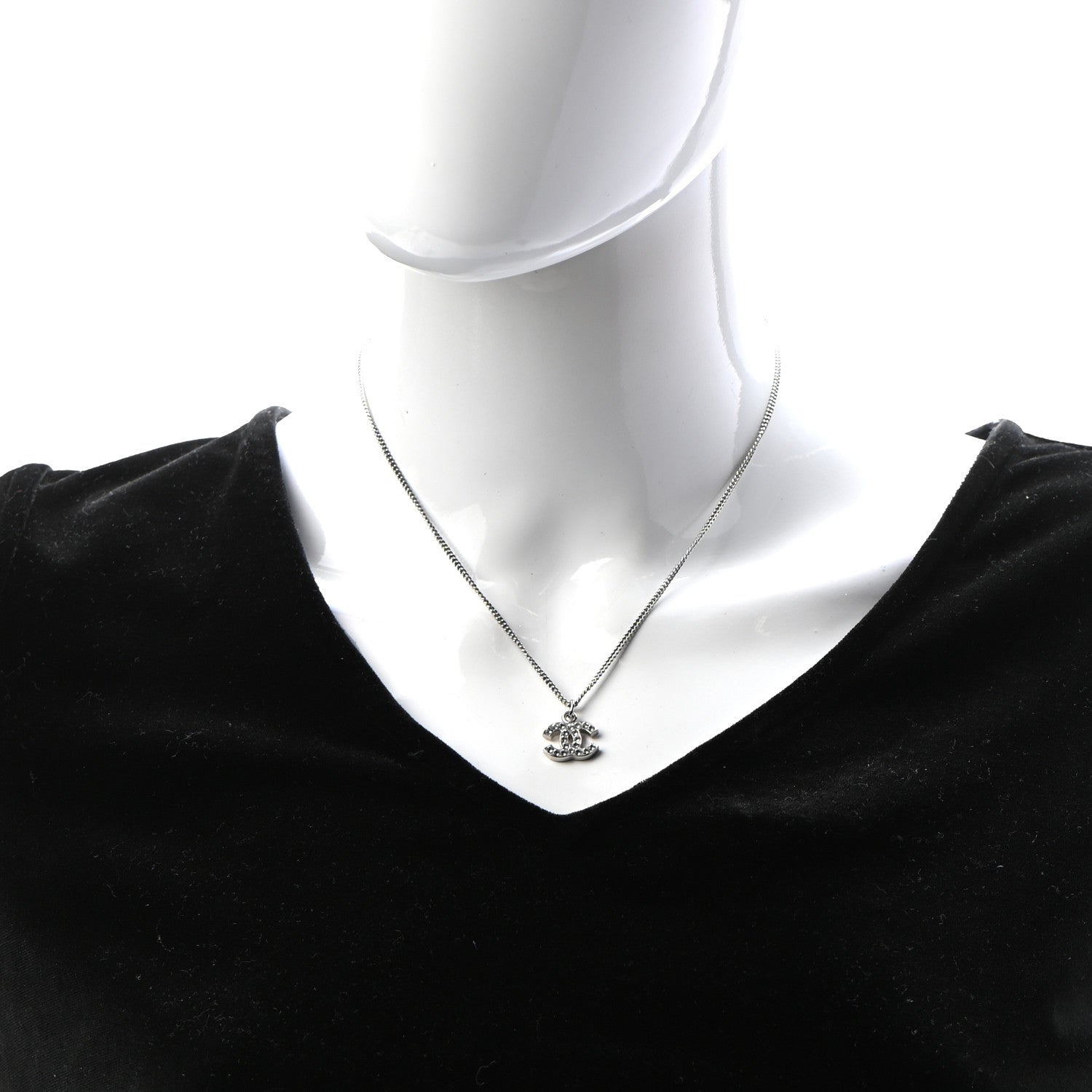 Chanel Crystal CC Pendant Necklace Silver 2 of 5