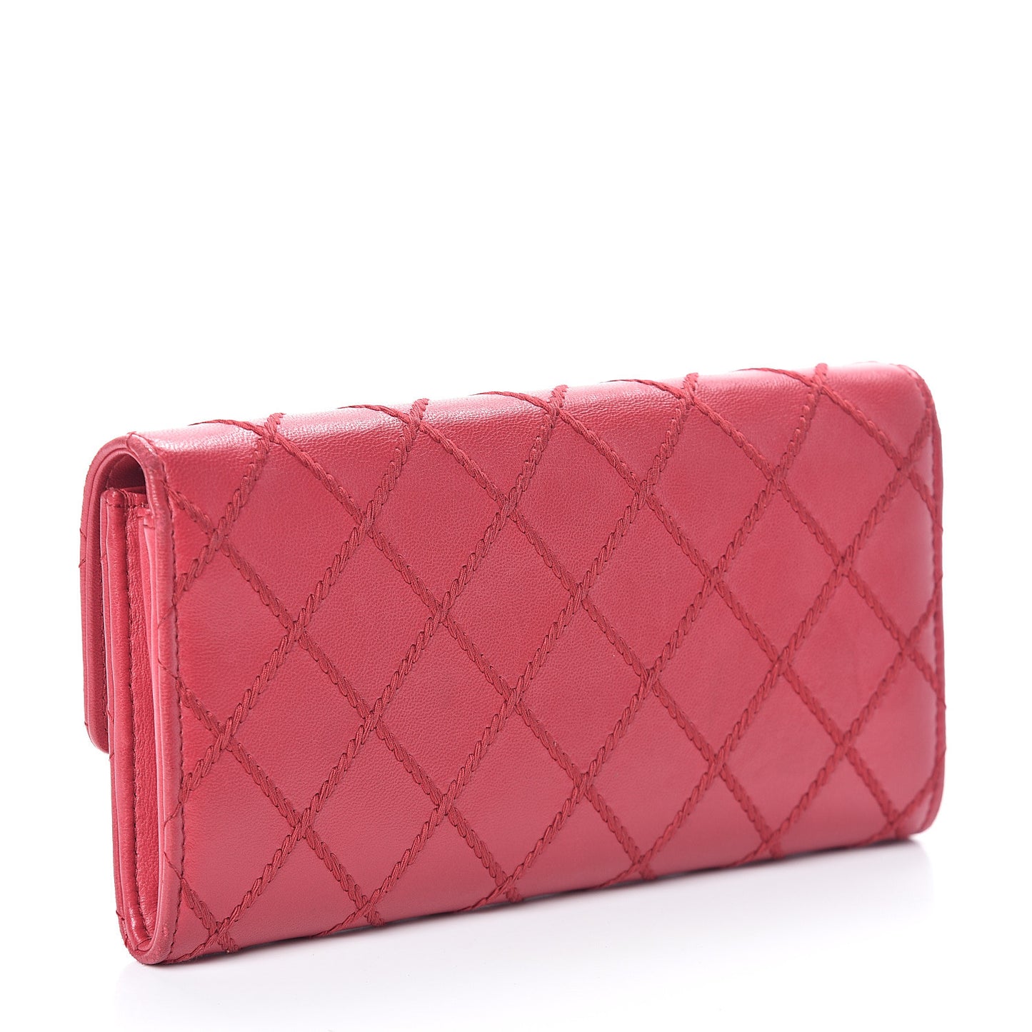 Calfskin Diamond Stitch Large Gusset Flap Wallet Dark Pink
