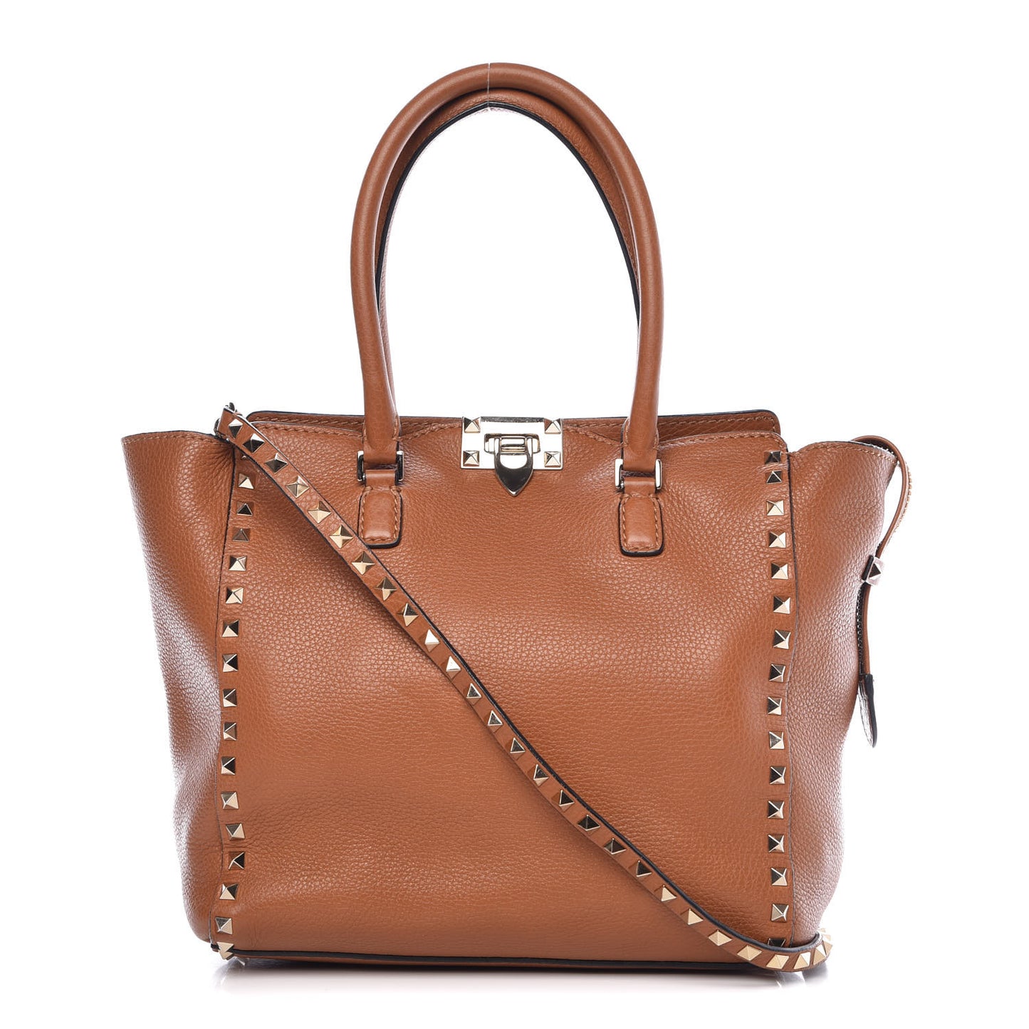 Pebbled Calfskin Rockstud Double Handle Tote Light Cuir