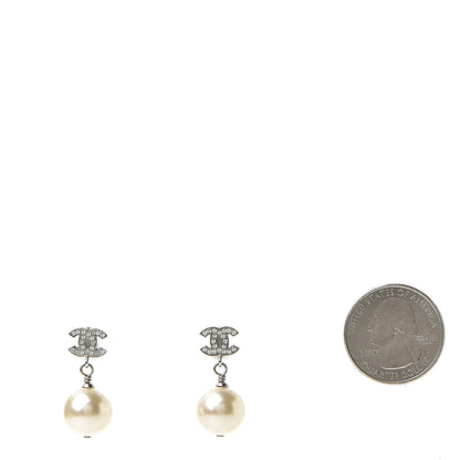 Chanel Crystal Pearl CC Drop Earrings Silver Pearly White 2 of 5