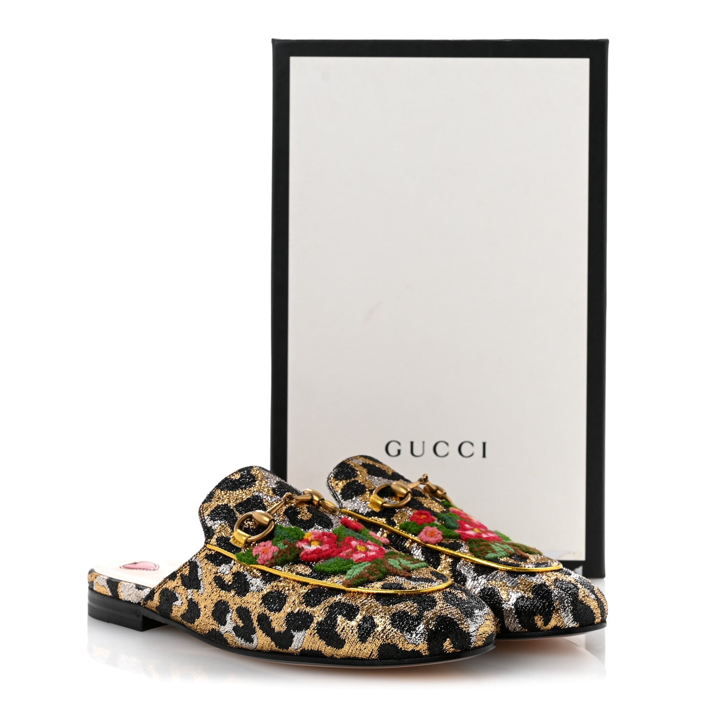 Lurex Jacquard Leopard Embroidered Womens Princetown Slippers 36 Black Gold
