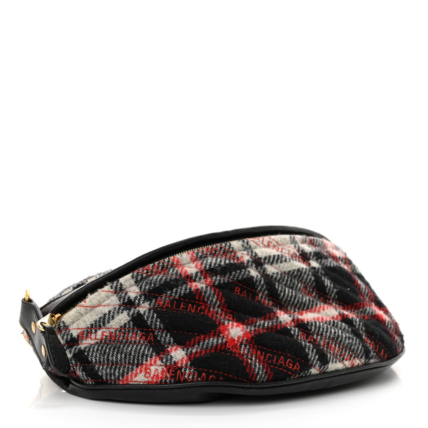 Balenciaga Wool Plaid Diagonal Allover Logo Matelasse XS Souvenir Belt Bag Black White Red 4 of 15