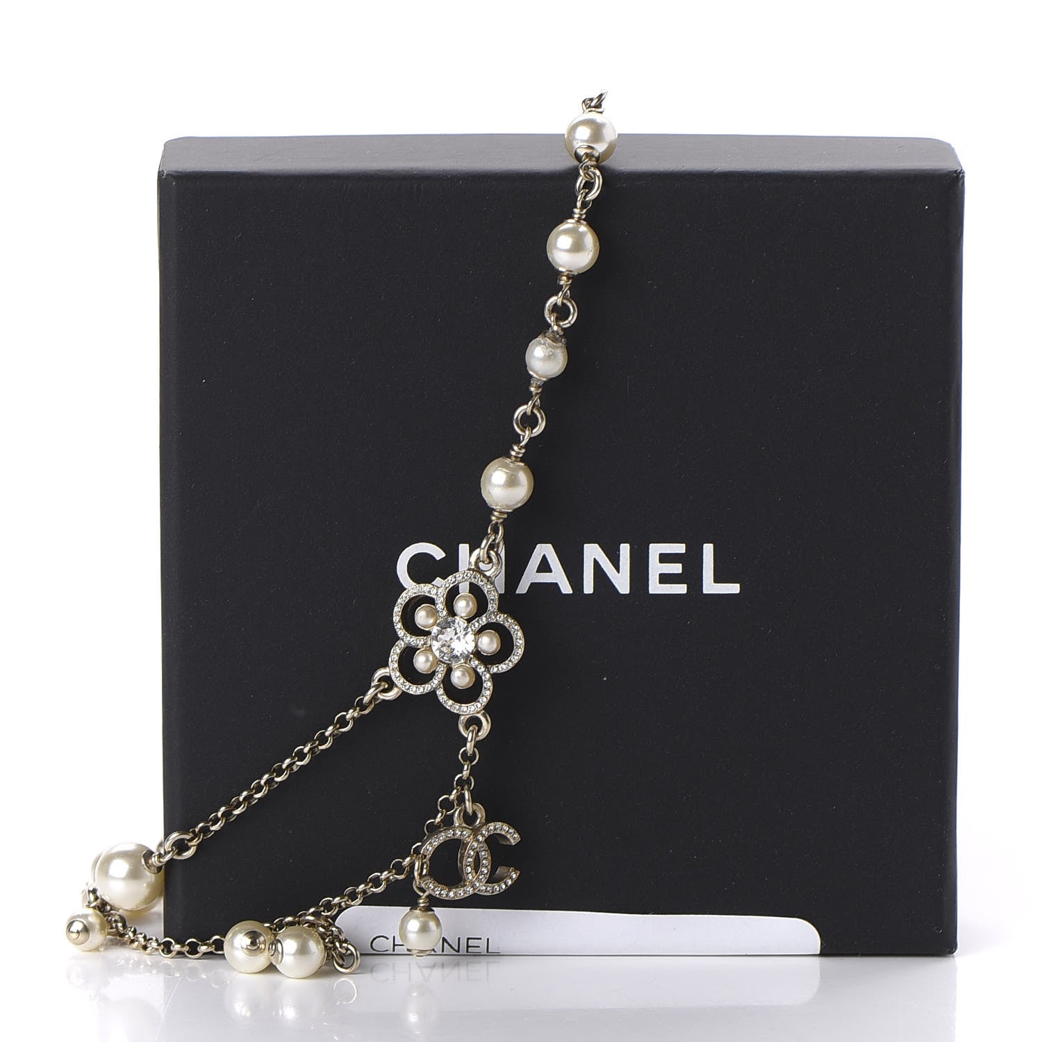 Chanel Pearl Crystal Flower CC Necklace Gold 10 of 11