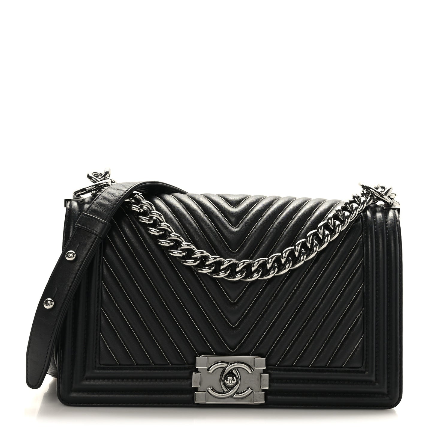 Calfskin Chevron Quilted Medium Chain Boy Flap Black