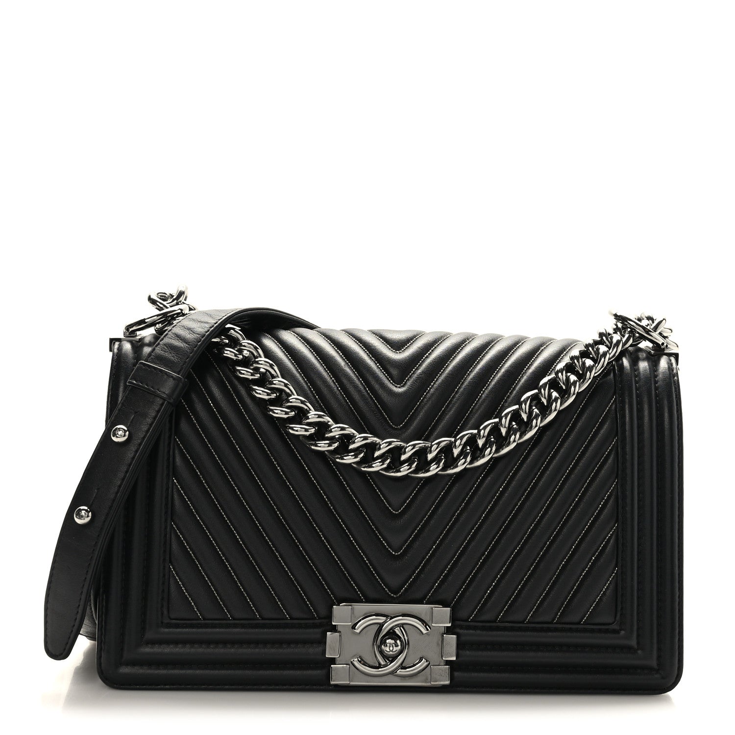Chanel Calfskin Chevron Quilted Medium Chain Boy Flap Black 1 of 9