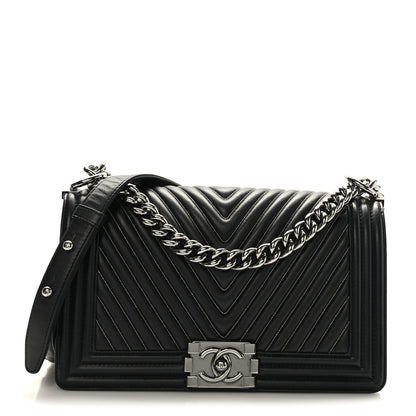 Chanel Calfskin Chevron Quilted Medium Chain Boy Flap Black 1 of 9