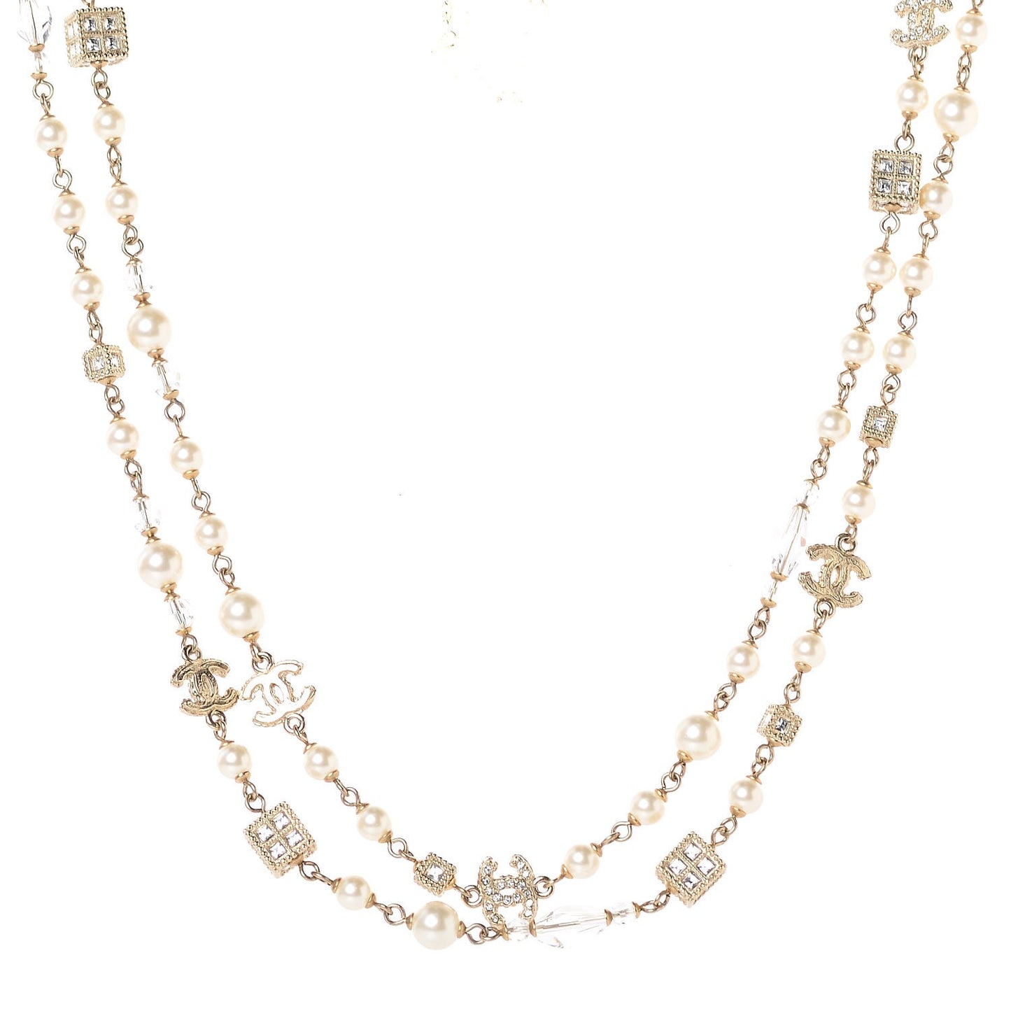 Pearl Bead Crystal CC Long Necklace Gold
