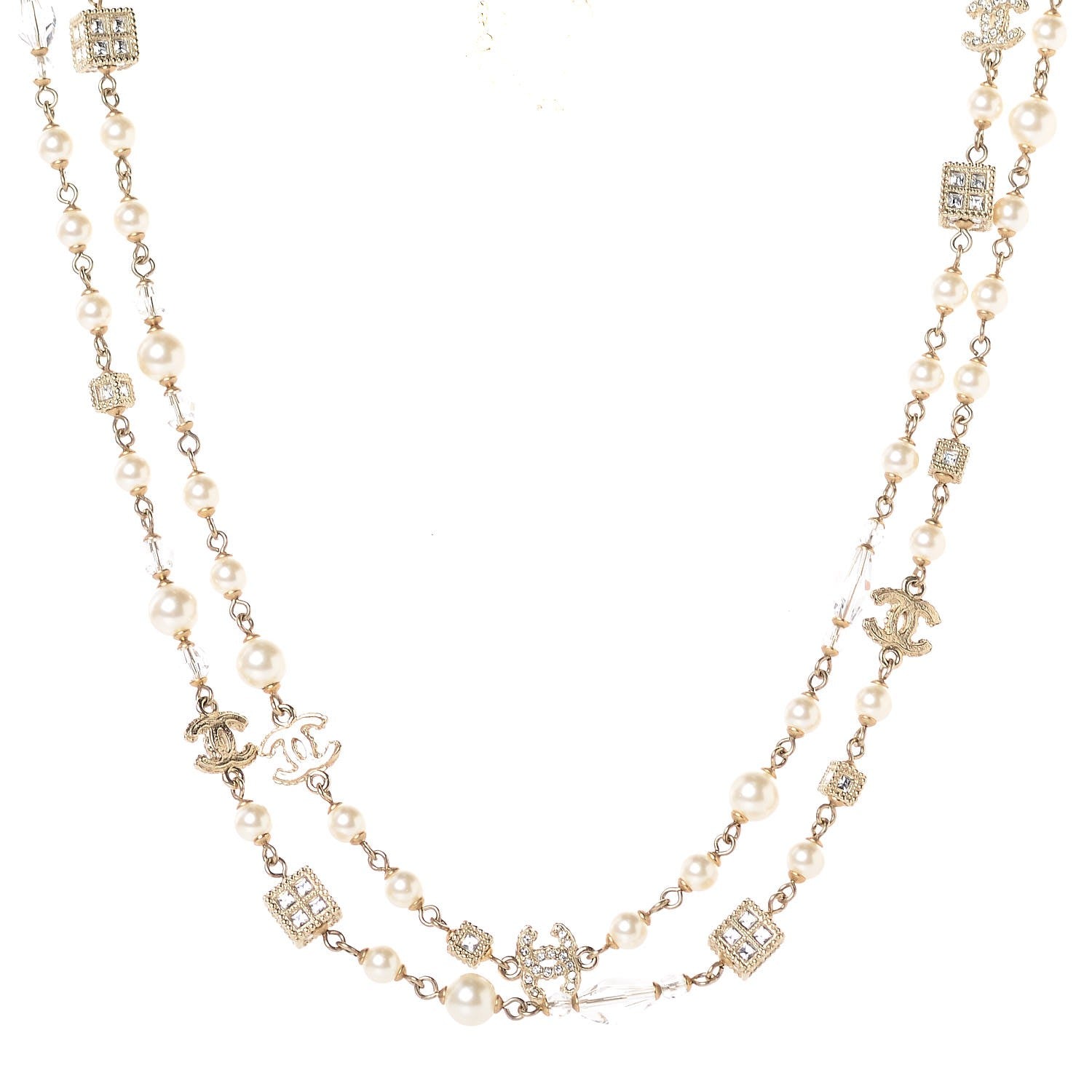 Chanel Pearl Bead Crystal CC Long Necklace Gold 1 of 6